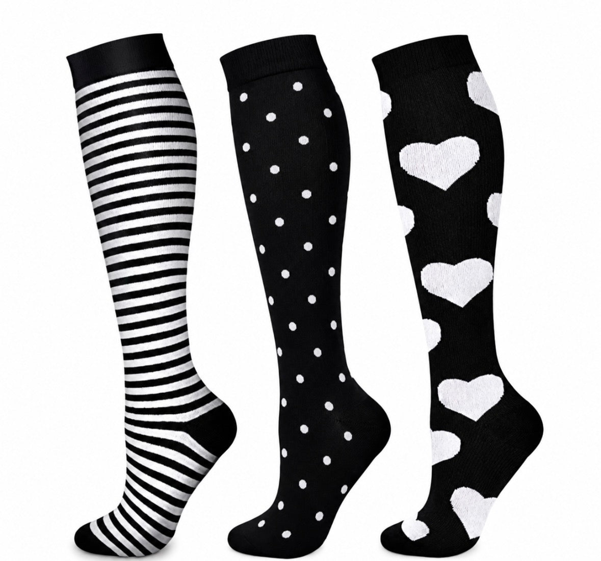 Monochrome Charm — Stripes, Polka Dots &amp; Hearts Compression Socks (3 Pairs)