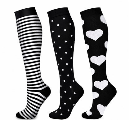 Monochrome Charm — Stripes, Polka Dots &amp; Hearts Compression Socks (3 Pairs)